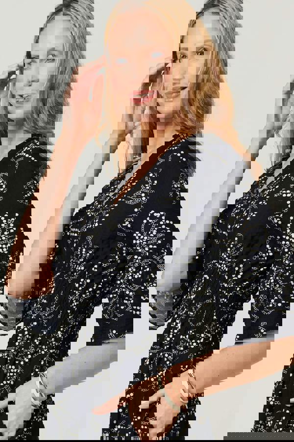 Navy | Printed Flare Sleeve Knee Length Dress