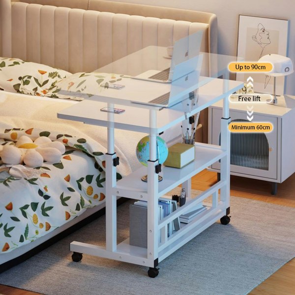Living and Home 3-tier Height Adjustable Mobile Table Overbed Desk with Shelves Wheels
