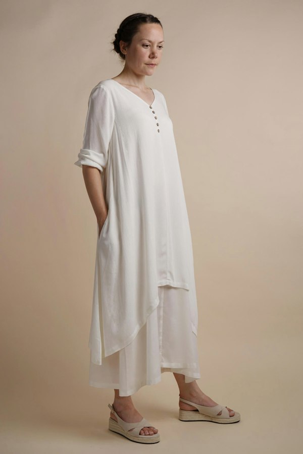 Antonia York White Layered Dress | Chelsea Loose Fitting Dress with Front Button Detail