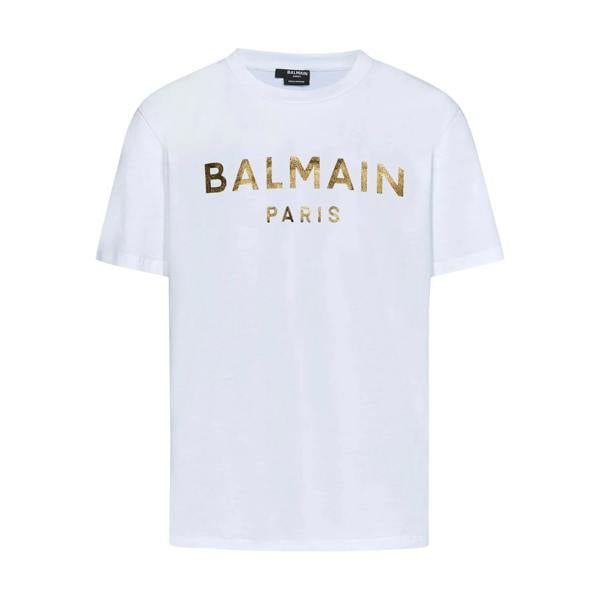 Balmain Gold Logo Printed T-Shirt   in  White