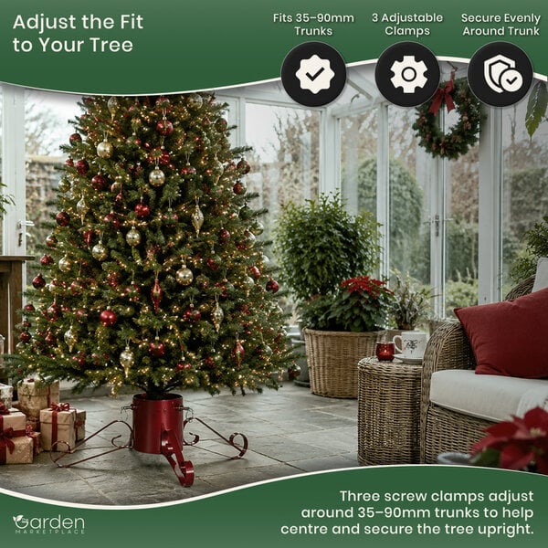 Large Metal Christmas Tree Stand, Glittery Red Finish, Water Reservoir Base for Real Trees up to 2.5m