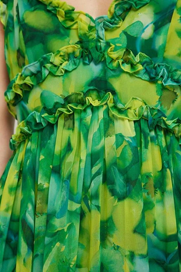WOVCOR Floral Patterned A-Line Lined Maxi Woven Dress with Ruffle Detail