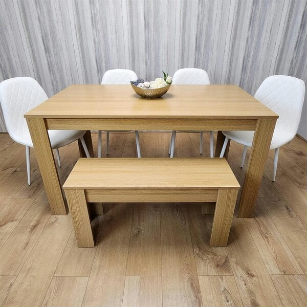 KOSY KOALA 6 Seater Modern Light Wood Dining Table Set with 4 White Gem Pattern Chairs and Bench  H75 x L140 x W80 cm