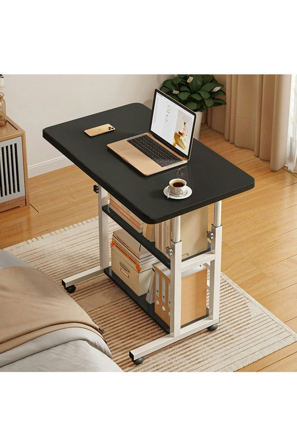 Living and Home 3-tier Height Adjustable Mobile Table Overbed Desk with Shelves Wheels
