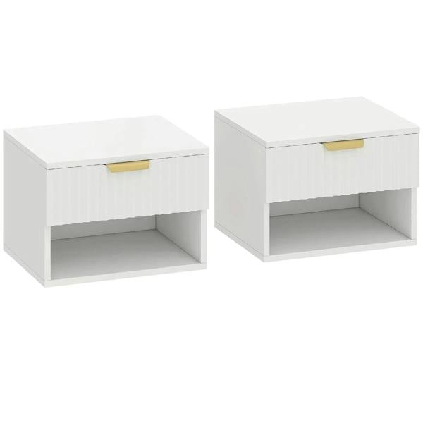 Set of 2 white floating bedside tables with fluted drawer fronts and open shelf
