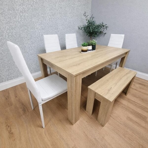 Kosy Koala Oak Effect Dining Table Set With 4 White Chairs And Bench Dining Room Furniture
