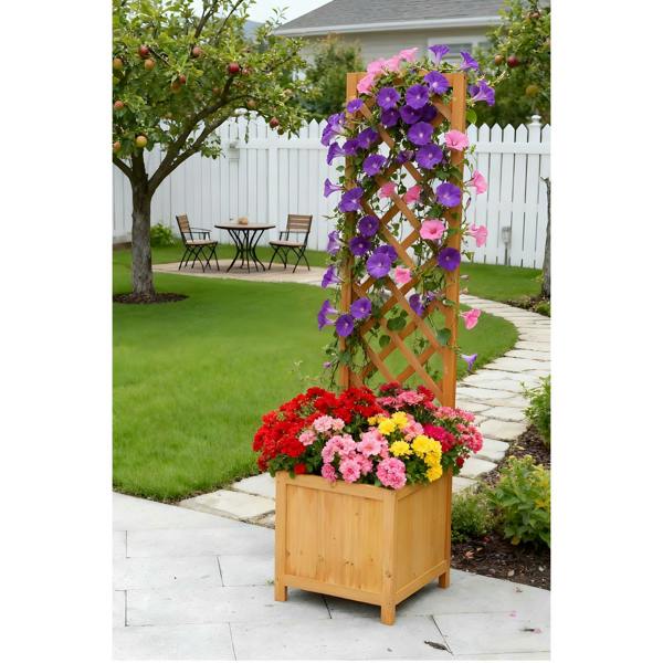 Gr8 Garden Wooden Garden Planter with Trellis Square Outdoor Flower Box for Climbing Plants