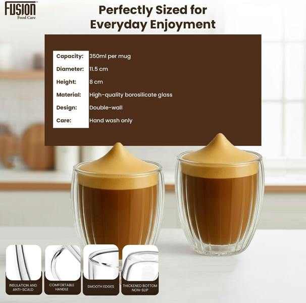 Fusion Food Care Double Walled Glass Coffee Mugs 2x350ml - Coffee Glass Cups for Hot & Cold Drinks - Striped Latte Mugs