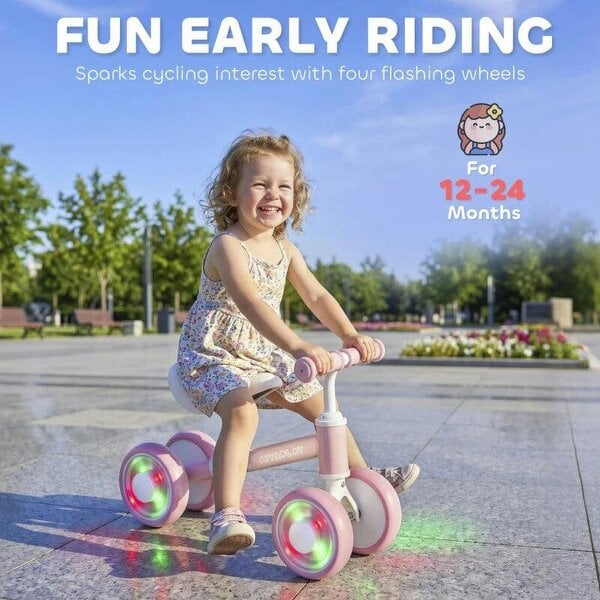 Baby Balance Bike for 1-2 Years Old, Light-up Toddler Balance Bike with Adjustable Seat, 4 Silent EVA Wheels, Pink