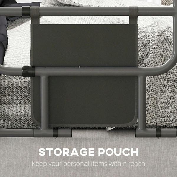 Black storage pouch attached to a gray bed assist rail frame with front panel.