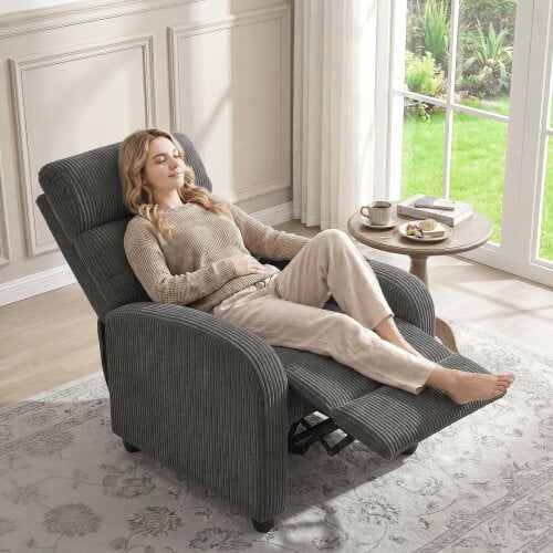 HOMCOM Recliner Armchair, Corduroy Push Back Reclining Chair, Dark Grey