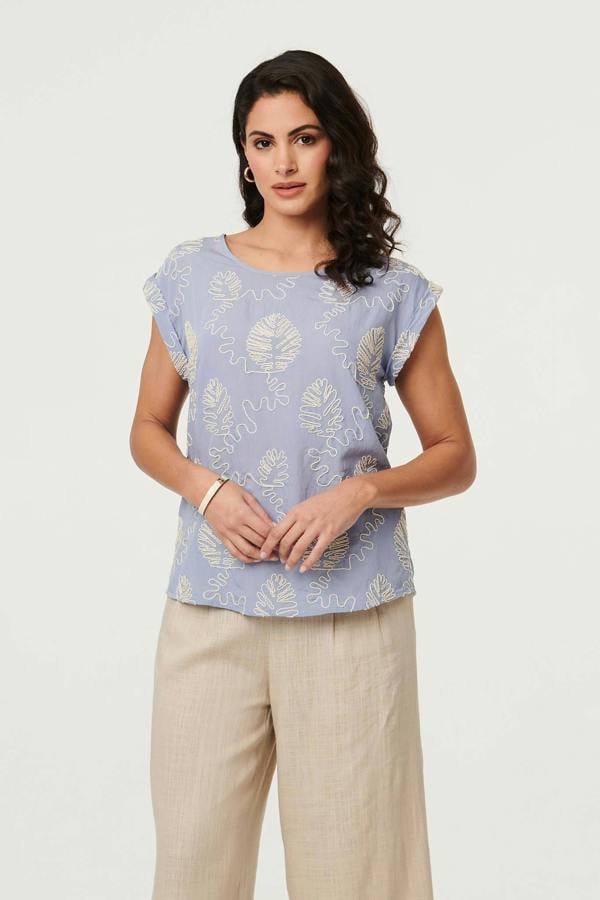 Blue | Leaf Embroidered Detail Cap Sleeve Top : Model is 5'8"/172 cm and wears UK8/EU36/US4/AUS8