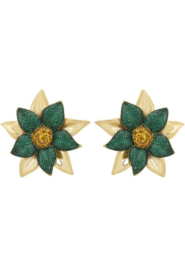 Gold and emerald large flower earrings.
