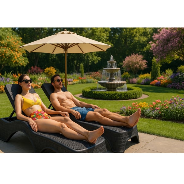 Centurion Supports MALDIVES Black Outdoor High-End PU Rattan Adjustable Sun Lounger Pair