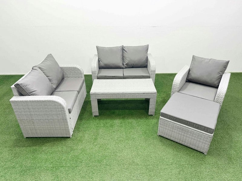 Fimous High Back Poly Rattan Garden Furniture Set - Light Grey Indoor/Outdoor Patio Set with Reclining Chair & Oblong Coffee Table