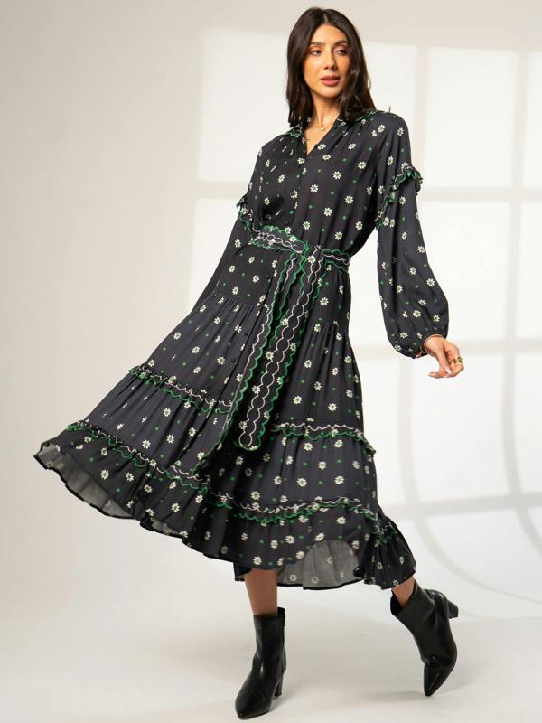 Rose & Nancy Joyce Black Daisy Polka Dot Midi Shirt Dress