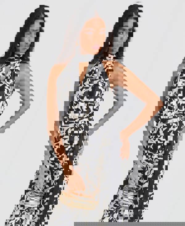 Black and white Floral Satin Halter neck Jumpsuit