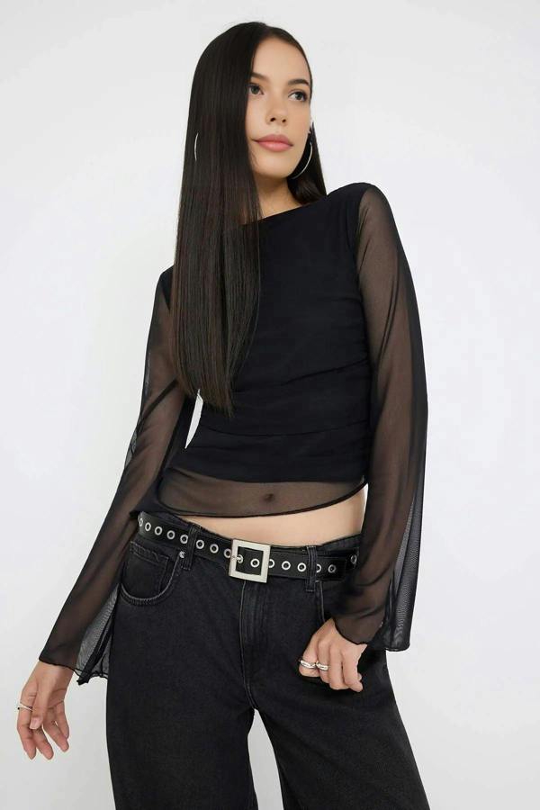 WOVCOR Shawl Print Boat Neck Asymmetric Detail Fitted Long Sleeve Mesh Blouse