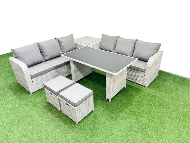 Fimous 8 Seater Rattan Outdoor Dining Table 3 Seater Sofa Set with Side Table 2 Small Stools Light Grey