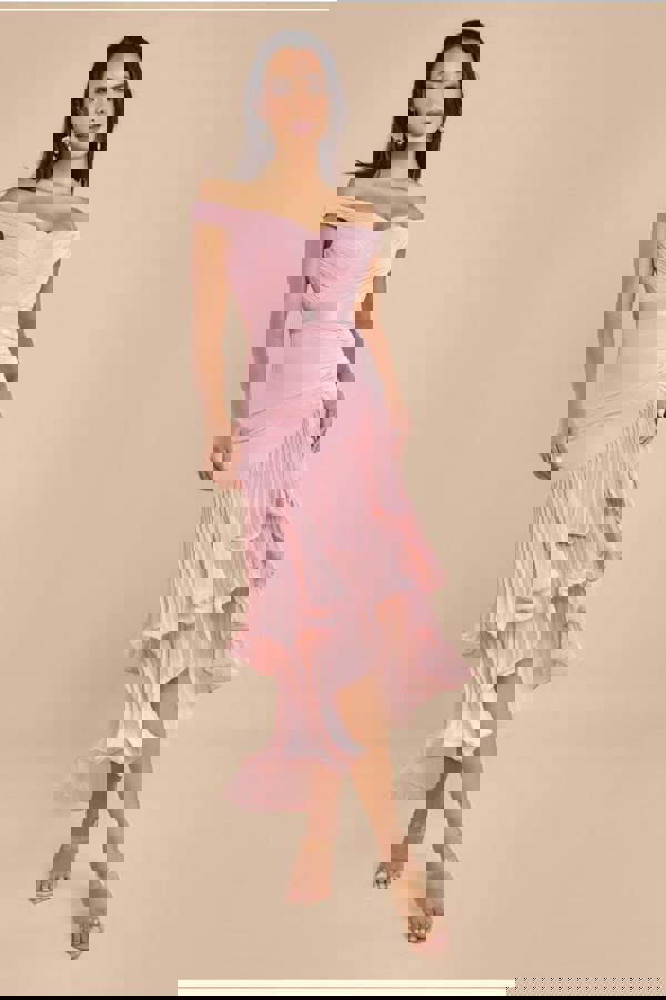 Pleated Bardot High Low Tier Chiffon Midaxi Dress - Blush Pink DR4272