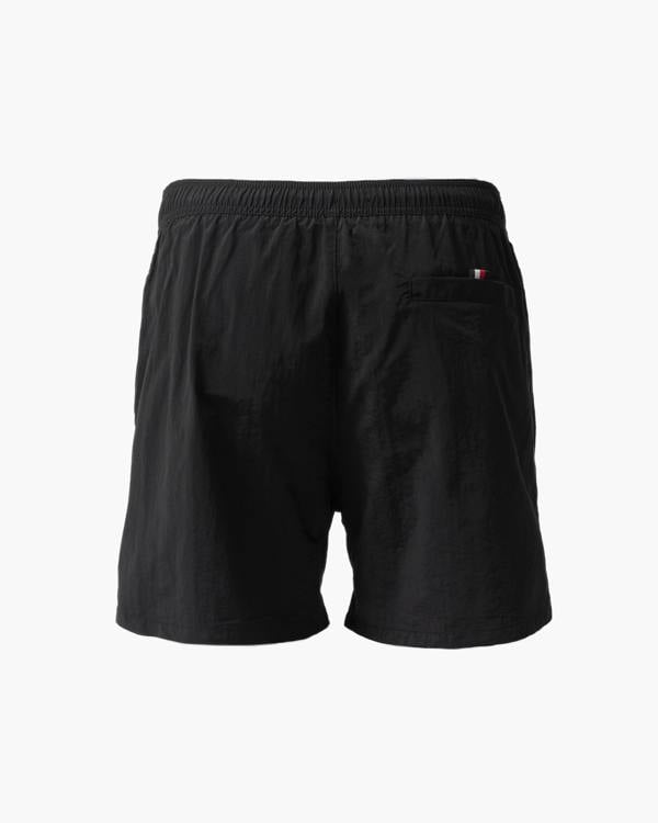 back of Tommy Hilfiger Logo Zip Pocket Mens Drawstring Swimming Shorts in Black