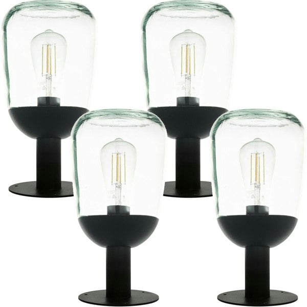 4 PACK IP44 Outdoor Pedestal Light Black Aluminium & Glass 60W E27 Wall Post Loops