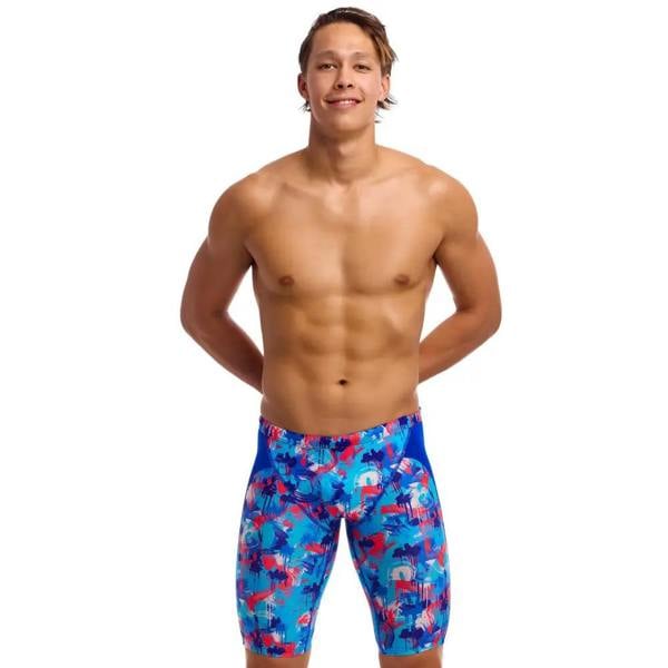 Funky Trunks Messy Messy Messy blue swim jammers with red blue camo shapes