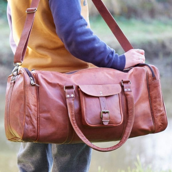 Paper High Brown Leather Holdall with Zipped Pockets