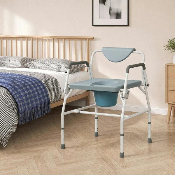 Height Adjustable Bedside Commode, Heavy Duty Commode Toilet Chair with Flip-Up Arms, White and Grey - White and Grey