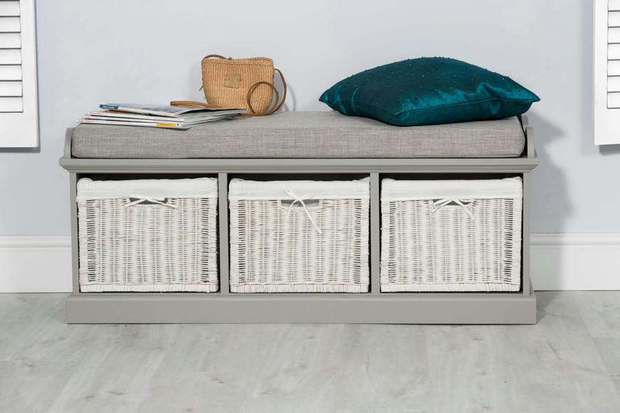 Statement Furniture Tetbury Bench with 3 White Wicker Baskets and Cushion, Assembled Hallway Storage