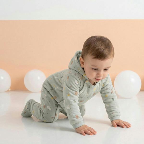 Mini Cuddles Baby Unisex Farm Animal Printed Hooded Pram suit, Sage Green