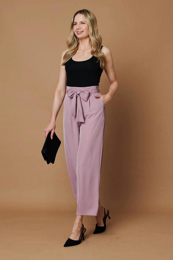 Pink | Tie Front High Waist Wide Leg Trousers