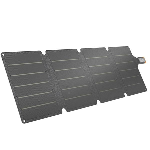 Foldable grey solar panel charger with four foldable sections and fabric texture.