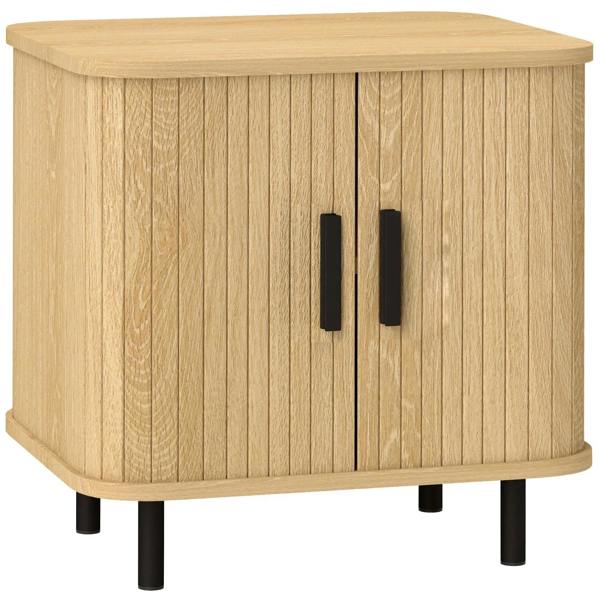 Oak tone bedside table with roller shutter-style sliding doors and black metal legs
