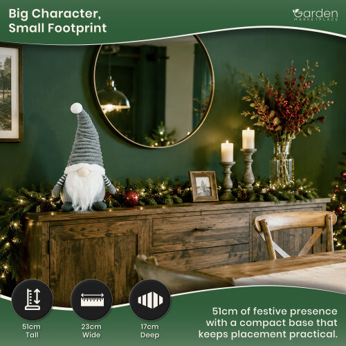 Large Christmas Cute Groovikert Gonk Figure in Grey, Free-Standing Polyester Festive Decoration, Soft Indoor Ornament, 51cm Tall x 23cm Wide