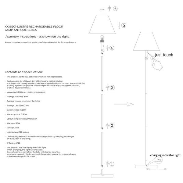 Lustre Antique Brass LED Rechargeable Floor Lamp