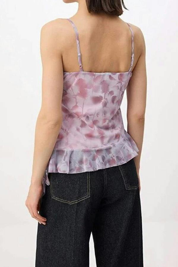 WOVCOR Floral Fitted V-neck Sleeveless Ruffled Tulle Knit Blouse