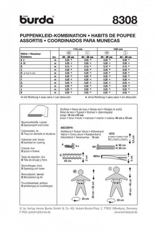 Burda Sewing Pattern 8308 Doll Clothes - Easy