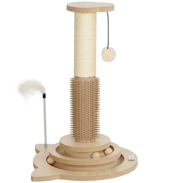 Oak-tone cat scratching post with sisal tower, track ball base, hanging toy ball