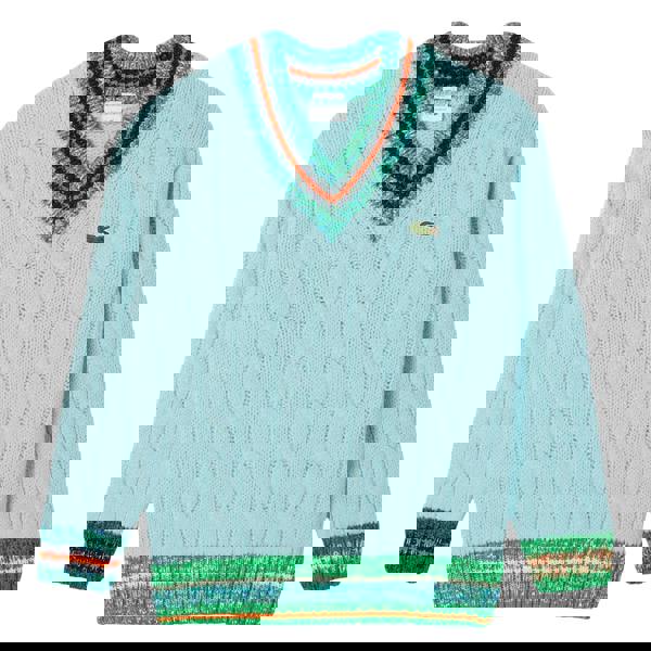 Lacoste Mens Cable Knit V Neck Sweatshirt - Turquoise - 