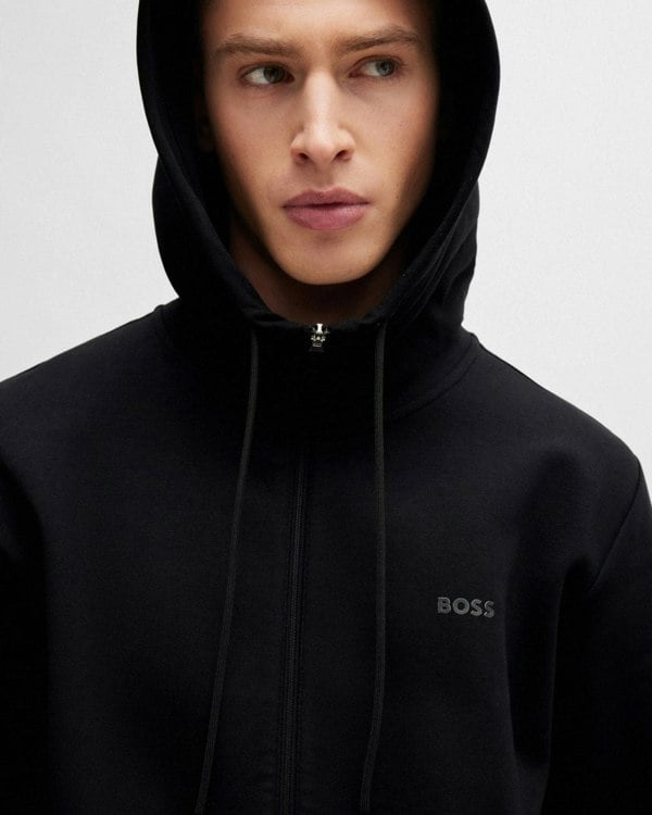 BOSS Green Saggy Mens Stretch Cotton Zip-Up Hoodie with Logo Print NOS - Black 001