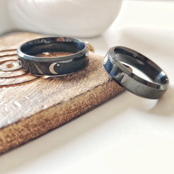 The Colourful Aura Black Band Matching Couple Moon and Sun Promise Ring set