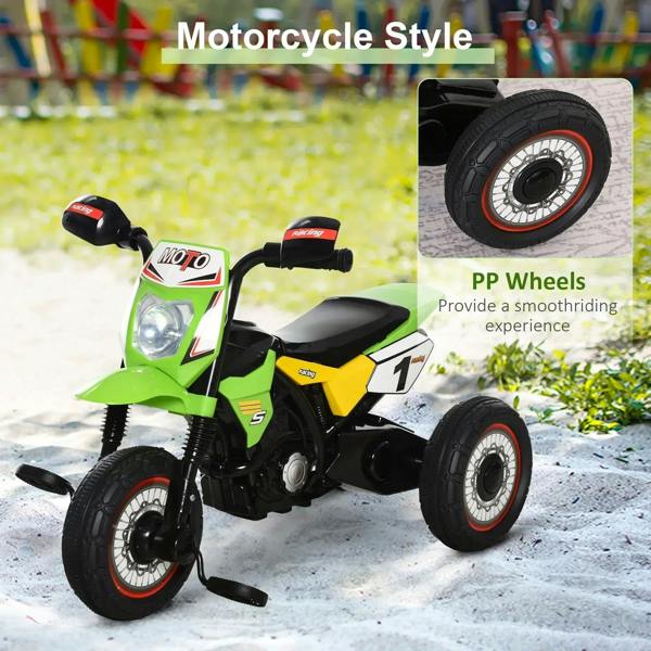 Green kids ride-on motorcycle trike with front wheel inset showing tread and hub detail.