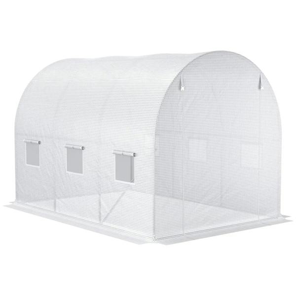 White polytunnel greenhouse cover with roll-up door opening and side window flaps