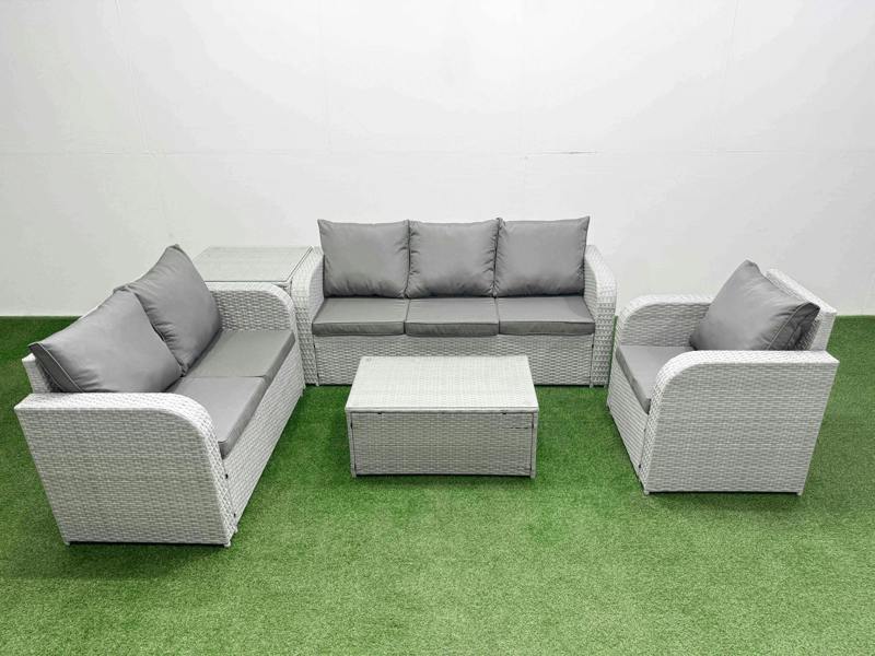 Fimous 6 Seater Outdoor Furniture Set, PE Wicker Rattan, Coffee Table, Reclining Chair, Loveseat, 3 Seater Sofa and Side Table, Light Grey