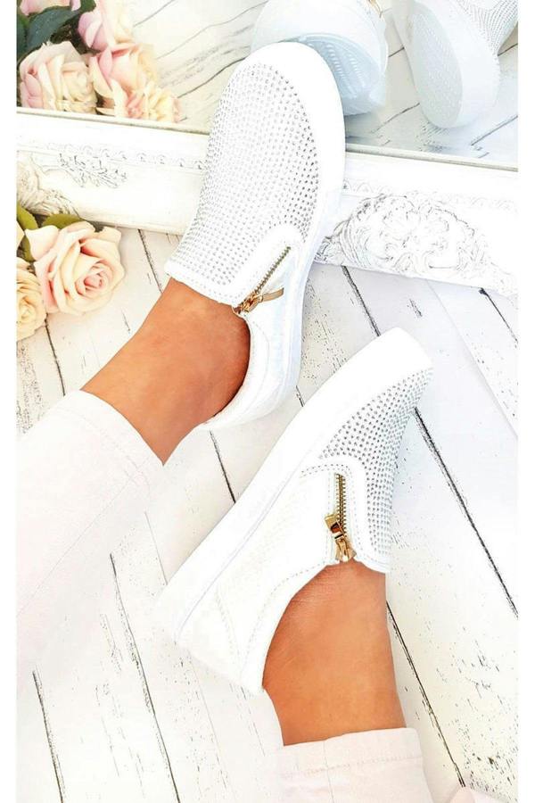 Leah Crystal Suede Zip Pumps Trainers - White