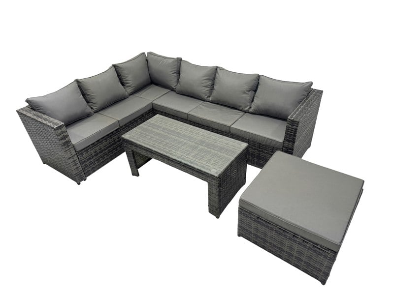 Fimous 4 Pieces Outdoor PE Rattan Garden Furniture Corner Sofa Oblong Coffee Table Set with Cushions Big Footstool Dark Grey Mixed
