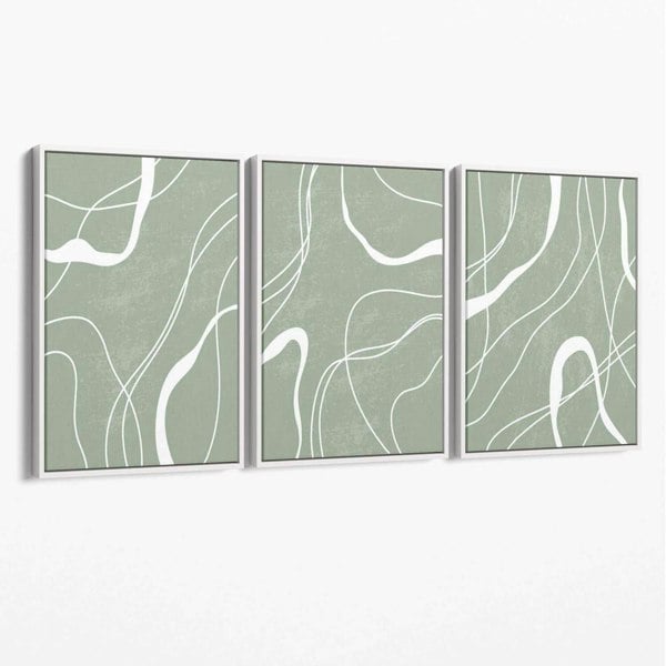 Set of 3 Abstract Green and White Strokes Canvas Art Prints with White Float Frame