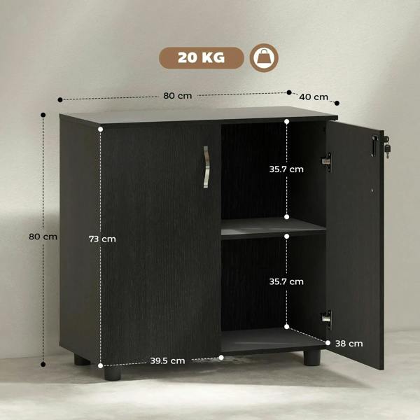 Black cabinet with two-door front and open interior shelves; side view with dimensions