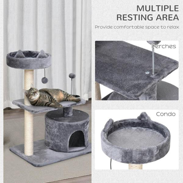 Grey cat tree with round top perch bed, middle resting platform, and enclosed condo cave